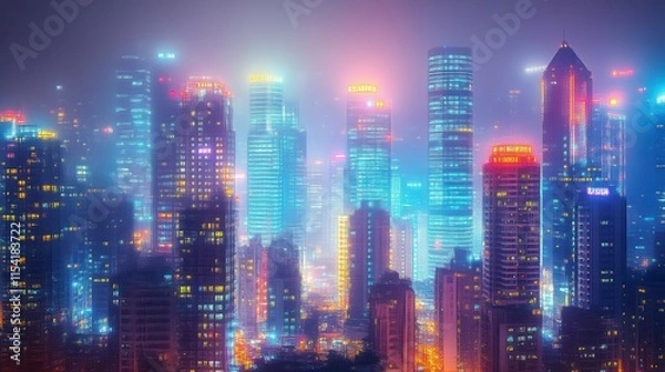 Fototapeta Night cityscape, hazy skyscrapers, colorful lights.