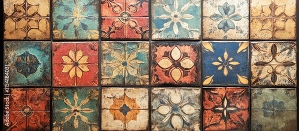 Fototapeta Rustic multicolored ceramic tiles with intricate patterns ideal for enhancing home interiors and decoration in various textile applications