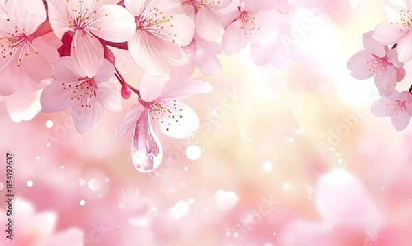 Obraz Pink cherry blossoms with dewdrop, bokeh background.