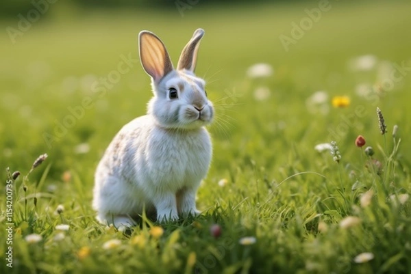Fototapeta there is a white rabbit sitting in the grass with flowers