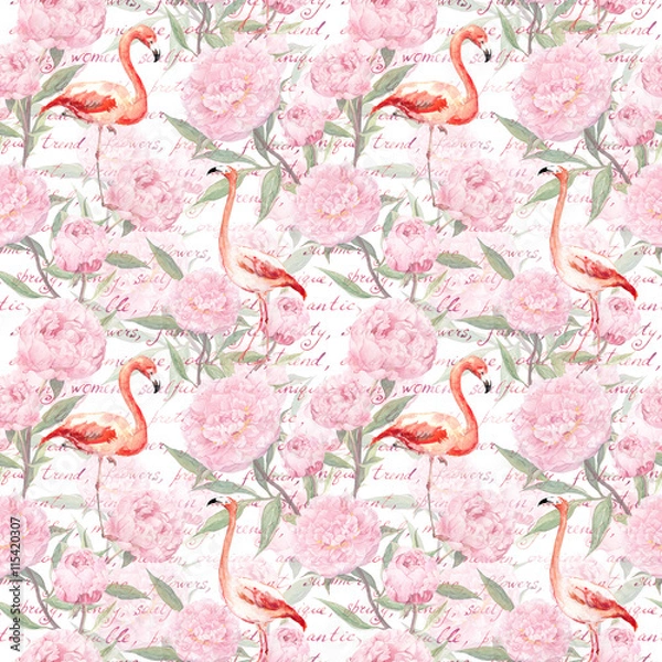 Fototapeta Pink flamingo, peony flowers, hand written text. Seamless pattern. Watercolor