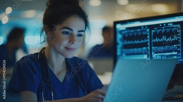 Fototapeta Healthcare worker reviews medical charts and patient information on a laptop while at work