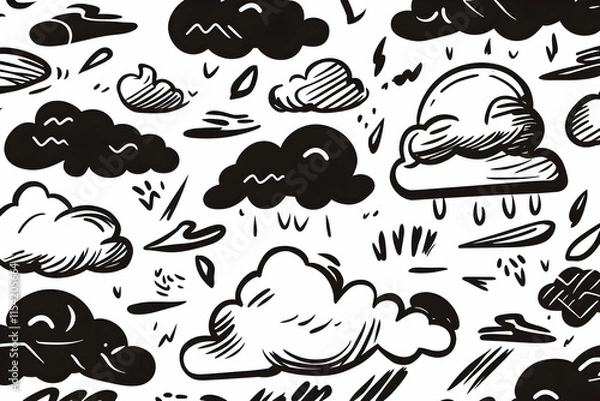 Obraz Hand-drawn clouds, rain, and weather seamless pattern; white background; design resource.