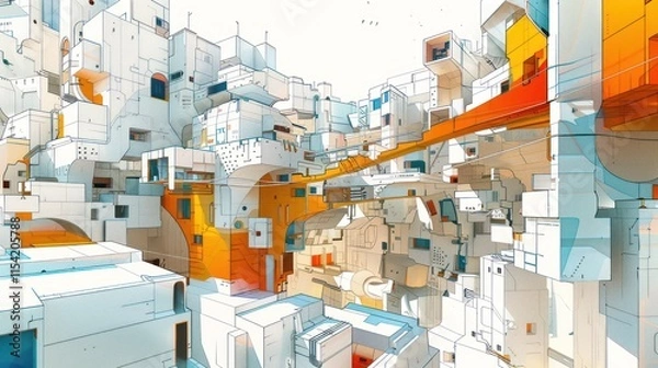 Fototapeta Abstract futuristic city with interconnected buildings and vibrant colors.