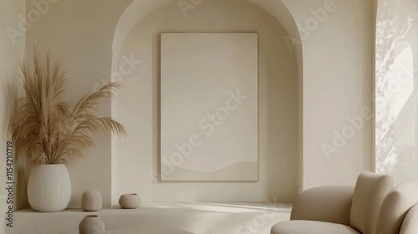 Fototapeta Beige room interior with arched alcove, pampas grass, and blank canvas.