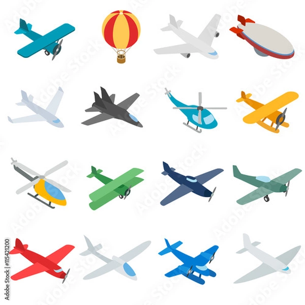 Obraz Aviation icons in isometric 3d style. Planes set isolated vector illustration