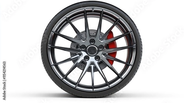 Fototapeta Sleek Modern Car Wheel with Stylish Design and Red Brake Caliper