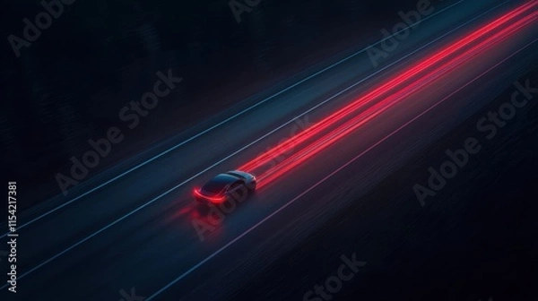 Obraz A sleek car drives along a dark road, leaving vibrant red light trails against a backdrop of moody colors.