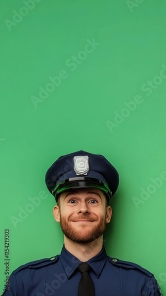 Fototapeta smiling police officer on green background with copy space vertically 9:16