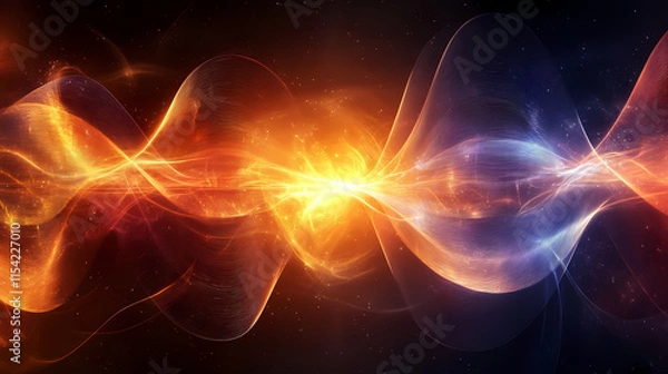 Fototapeta Mesmerizing energy wave pattern in warm and cool tones illustrating cosmic forces. Oscillation. Illustration