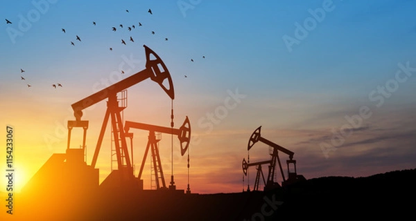 Fototapeta Oil drilling derricks at desert oilfield. The change in oil prices caused by the war. Oil price cap concept.