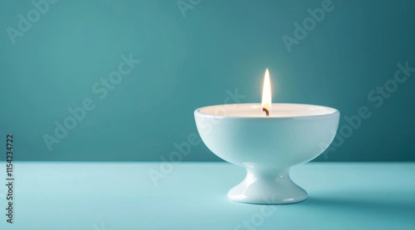 Fototapeta A white candle gently flickers in a minimalistic glass stand, creating a warm and inviting glow against a soothing blue background, perfect for relaxation or meditation.