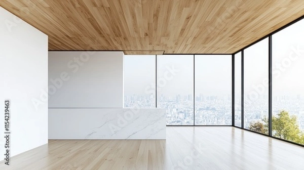 Fototapeta Modern minimalist apartment with city view, marble counter, wooden floors and ceiling.