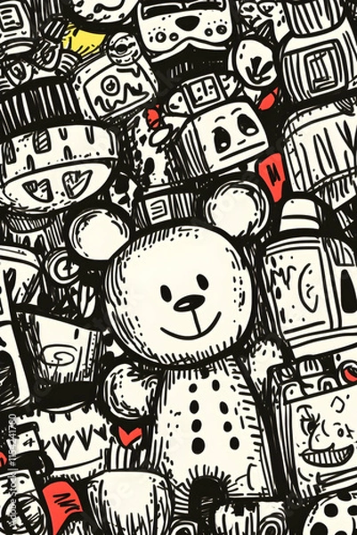 Fototapeta Happy Teddy Bear amidst Robot Crowd, Doodle Style, Tech Background, Graphic Design.