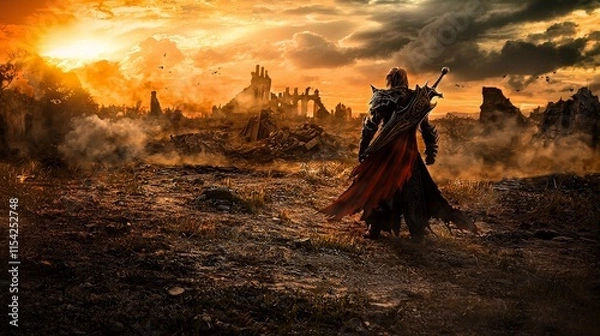 Obraz Lone warrior stands in desolate, ruined landscape at sunset.