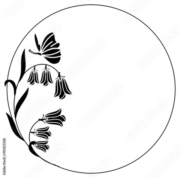 Obraz Elegant round frame with bluebells and butterfly. Design element for advertisements, flyer, web, wedding and other invitations or greeting cards.Vector clip art.