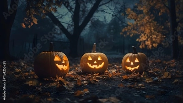 Obraz A glowing jack-o'-lantern smiles under a haunted moonlit sky.
