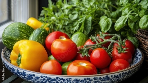 Obraz Vibrant Fresh Fruits and Vegetables on a Colorful Plate