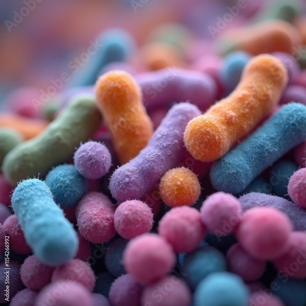 Fototapeta Microbial World: Close-Up of Bacteria and Viruses. Colourful Microorganisms: Bacteria and Viruses in Focus. Microscopic Life: Detailed View of Microbes.