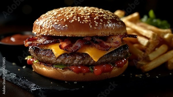 Obraz Delicious Bacon Cheeseburger with French Fries