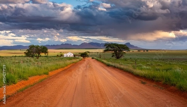 Obraz a horizontal shot of a rural dust avenue in bisecting two farms in opposition to a backdrop of a dramatic sormy cloudy sky at susnet bloemfontein unfastened nation south africa