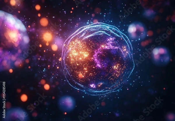Fototapeta A close-up of an isolated cell, with vibrant purple and orange hues, surrounded by glowing spheres representing other cells in the background.