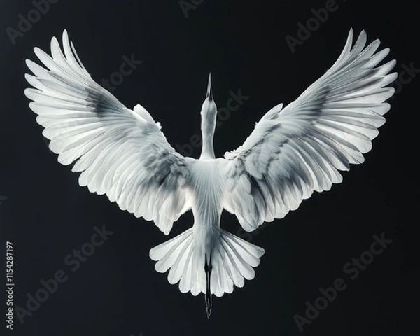 Fototapeta An egret in flight captured in symmetrical composition, minimalist style, with high contrast and an elegant, dynamic pose.