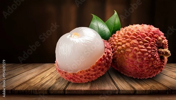 Fototapeta litchi lichee lychee or lichi litchi chinensis on elderly rustic timber heritage with replica area