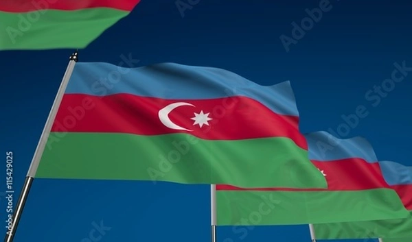 Fototapeta Azerbaijan flag on clear blue sky, photo realistic waving flag made by 3D graphics with depth of field blur, ultra high 42MP resolution