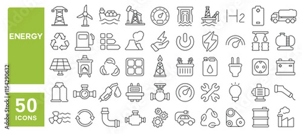 Fototapeta Set of 50 line icons related to energy, power, charging, gas, petrol, solar, battery, electricity, Editable stroke. Vector illustration
