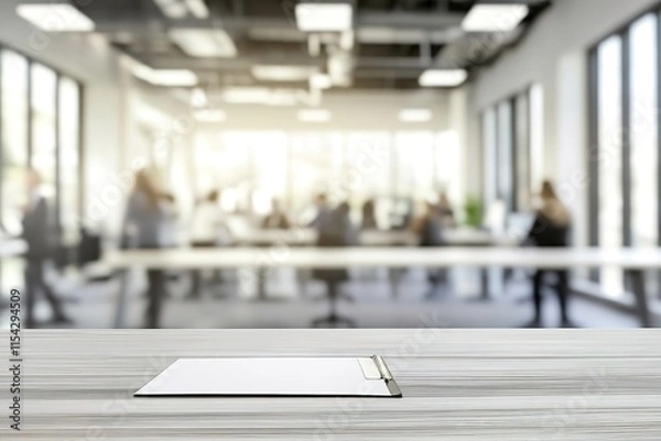 Fototapeta Minimalistic workspace with blank notepad on table, modern offic