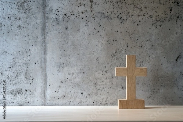 Fototapeta Wooden Cross on Minimalist Table Against Gray Concrete Wall for Religious Symbolism and Spiritual Reflection in Modern Interior Design