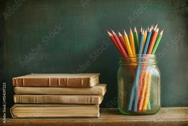 Fototapeta Vintage styled composition featuring stacked old books and a glass jar filled with colorful pencils against a textured green chalkboard background