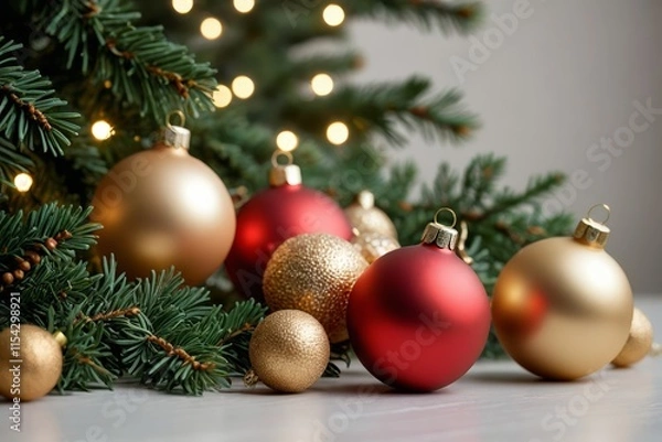 Fototapeta there are many christmas ornaments on the table with a christmas tree in the background