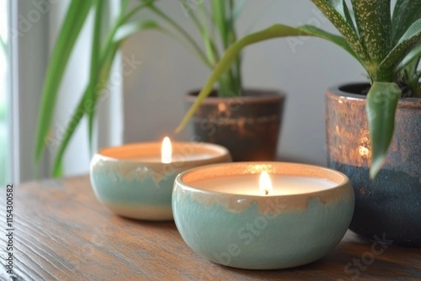 Fototapeta Tranquil Home Decor with Scented Candles and Green Plants on Wooden Table Capturing the Essence of Relaxation and Serenity in Interior Design
