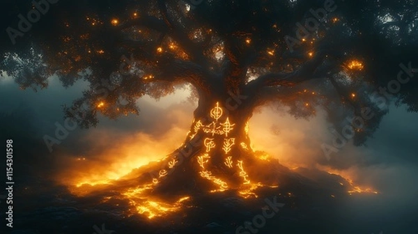 Fototapeta Enigmatic Glowing Tree With Ancient Symbols Etched On Its Trunk