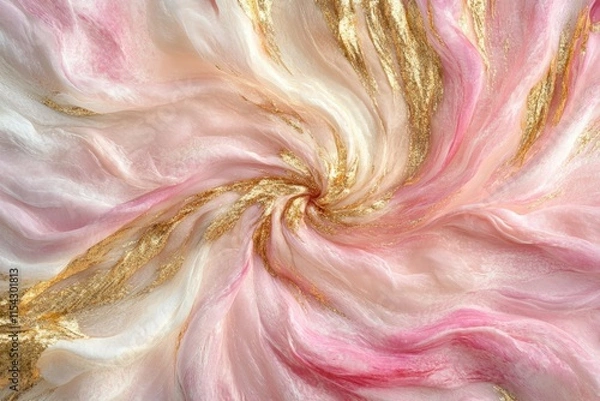 Fototapeta Swirling Abstract Fabric Design with Pink, White, and Gold Accents for Textile, Wallpaper, and Background Use, Capturing Elegance and Softness in Motion