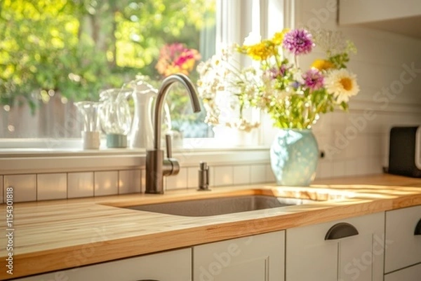 Fototapeta Bright and Inviting Kitchen with Wooden Sink and Fresh Flower Vase in Soft Morning Light Creating a Warm and Harmonious Atmosphere for Family Living