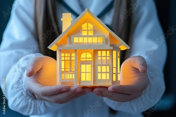 Fototapeta Illuminated Model House Held by Young Person, Symbolizing Home, Safety, and Nurturing Environment in Warm Interior Setting