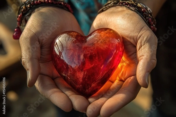 Fototapeta Hands Gently Holding a Shining Red Heart-Shaped Stone Symbolizing Love, Emotion, and Connection in a Natural and Warm Environment