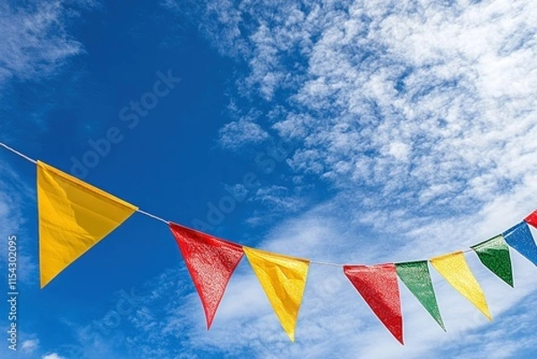 Fototapeta Colorful Triangle Flags Fluttering Against a Bright Blue Sky with Fluffy Clouds, Perfect for Celebrations, Parties, and Festive Occasions