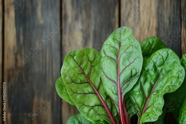 Fototapeta Fresh Swiss Chard Leaves with Vibrant Green Color and Red Stems on Rustic Wooden Background for Healthy Eating, Cooking, Nutrition, and Organic Lifestyle