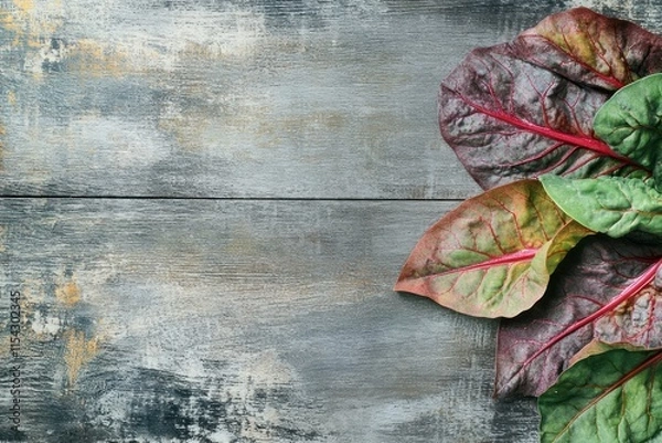 Fototapeta Fresh Swiss Chard Leaves on Rustic Wooden Background, Showcasing Vibrant Colors and Textures Ideal for Healthy Eating and Culinary Inspiration
