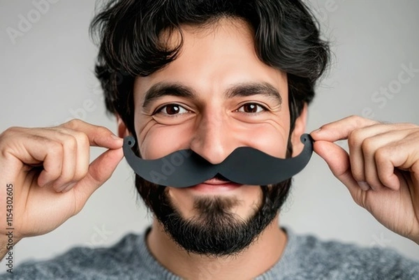 Fototapeta Cheerful young man holding a playful fake mustache, smiling brightly and showcasing his sense of humor against a neutral background in a fun studio setting