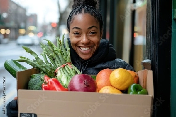 Fototapeta Smiling woman holding a large box filled with fresh vegetables and fruits in an urban setting, showcasing healthy lifestyle and community engagement
