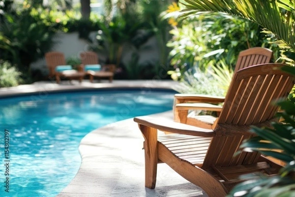 Fototapeta Tranquil Tropical Poolside Scene with Wooden Lounge Chairs Surrounded by Lush Greenery and Bright Sunlight in a Relaxing Outdoor Setting