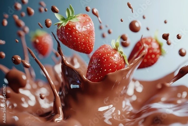 Fototapeta Fresh strawberries splashing into creamy chocolate against a soft blue background
