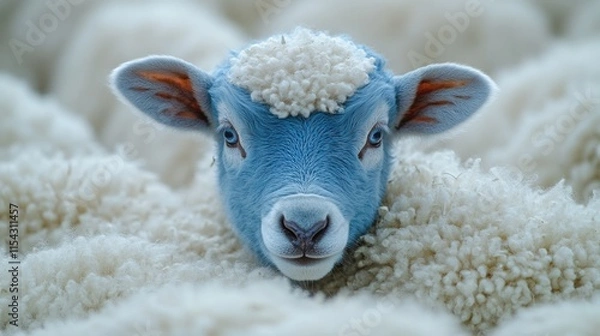 Fototapeta A close-up shot of a sheep's head showing its blue-painted face, suitable for creative projects and artistic expressions