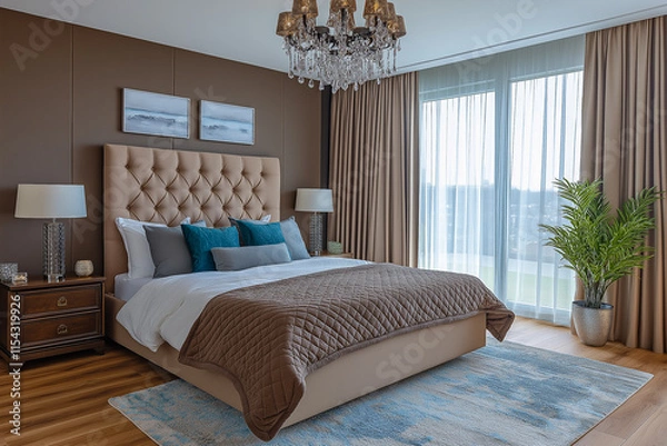 Obraz Modern bedroom interior in a skyscraper, color scheme Mocha Mousse, for business, for banners. The trending color is 2025.