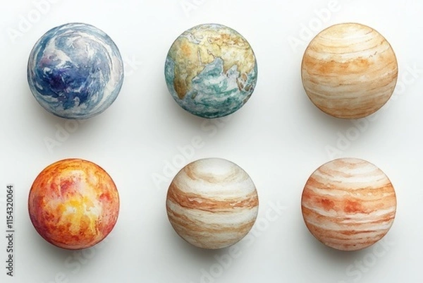 Fototapeta Group of six planets in various sizes on a white background, ideal for astronomy or space-related illustrations